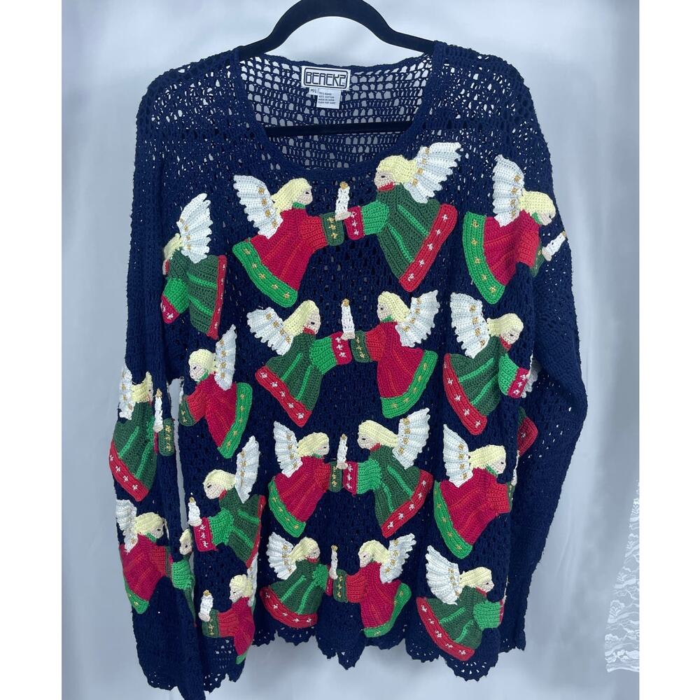 VTG Berek 2 Christmas holiday SWEATER Angel 90s open weave ugly tacky